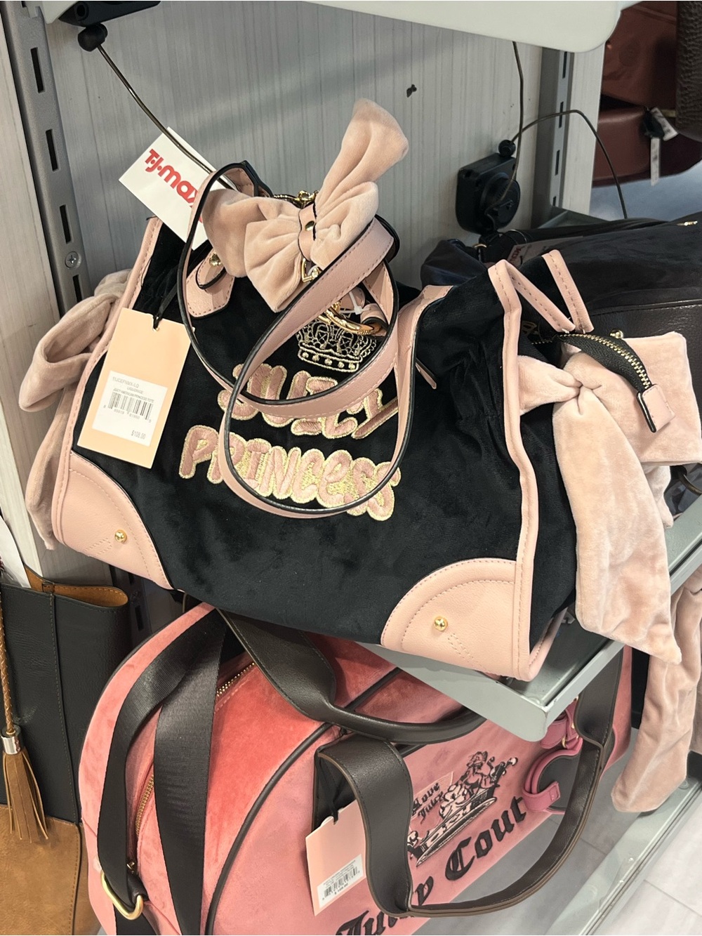 Juicy Couture Black and Light Pink Velour Tote with Bow Accents